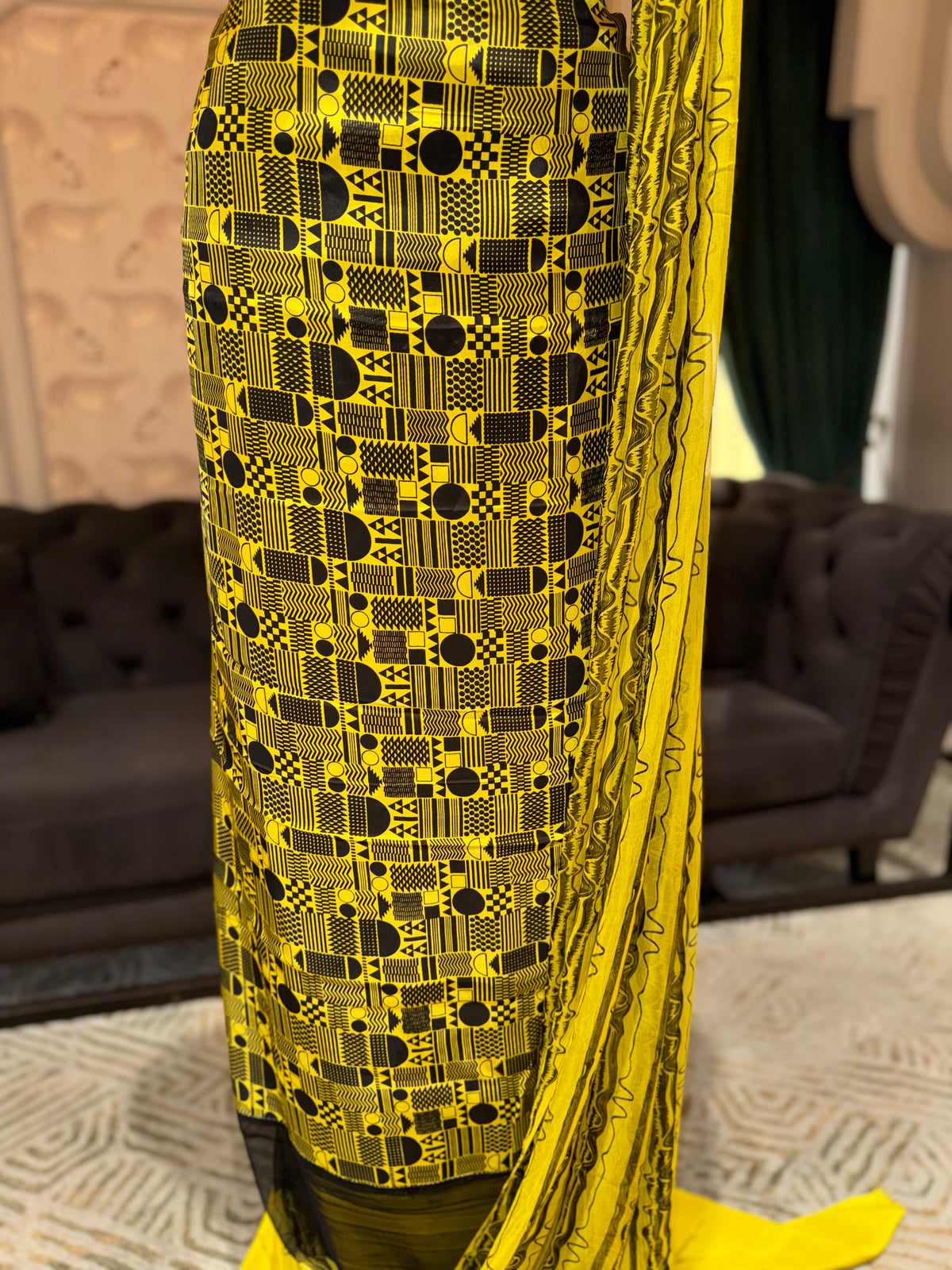 Yellow & Black Geometric Printed Unstitched Crepe Suit Set with Matching Printed Dupatta