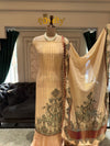 Beige Unstitched Silk Suit Set with Gold Zari Lines, Paisley Embroidery & Printed Dupatta