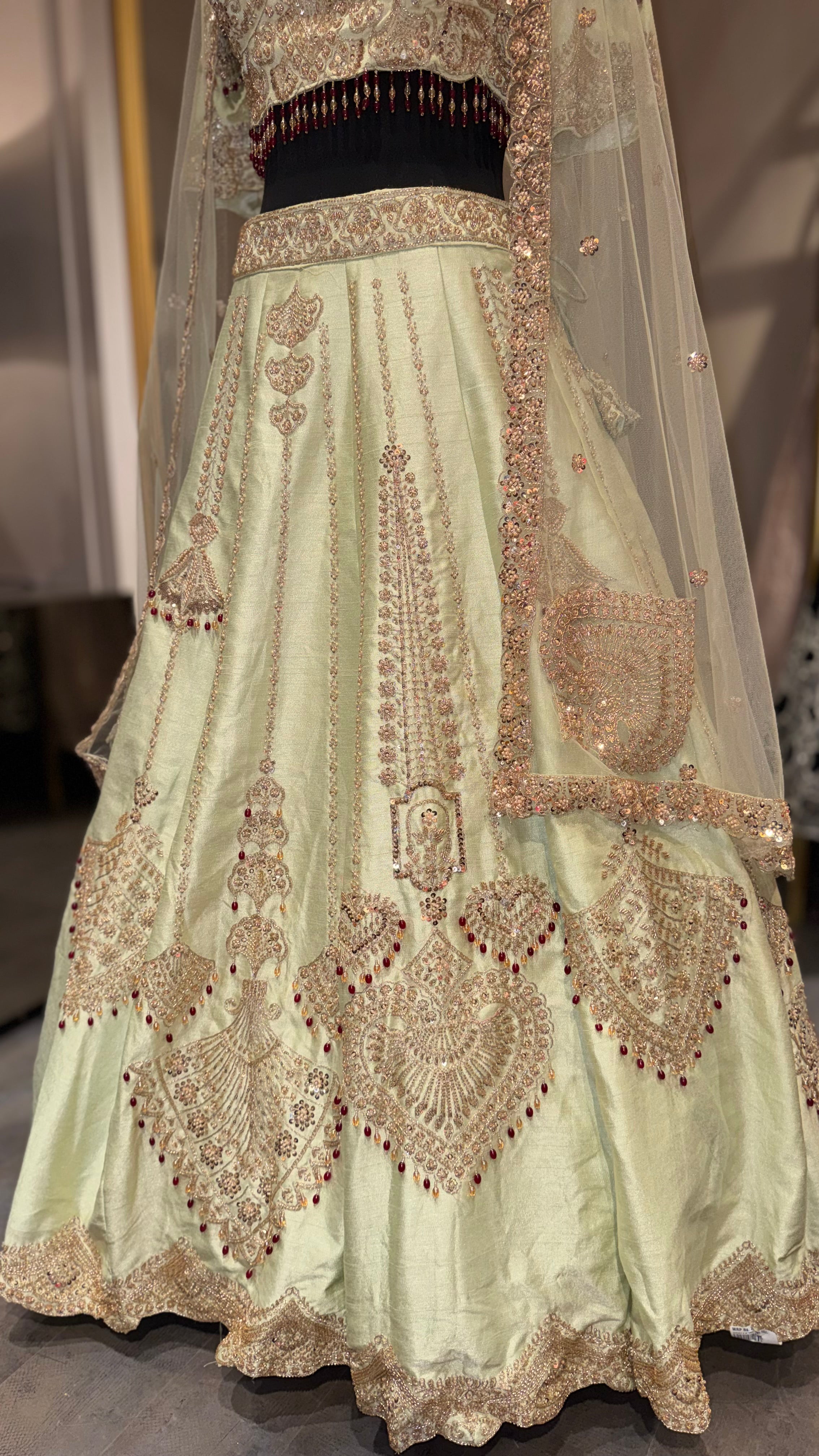Luxury Mint Green Designer Embroidered Lehenga Set with Elegant Net Dupatta