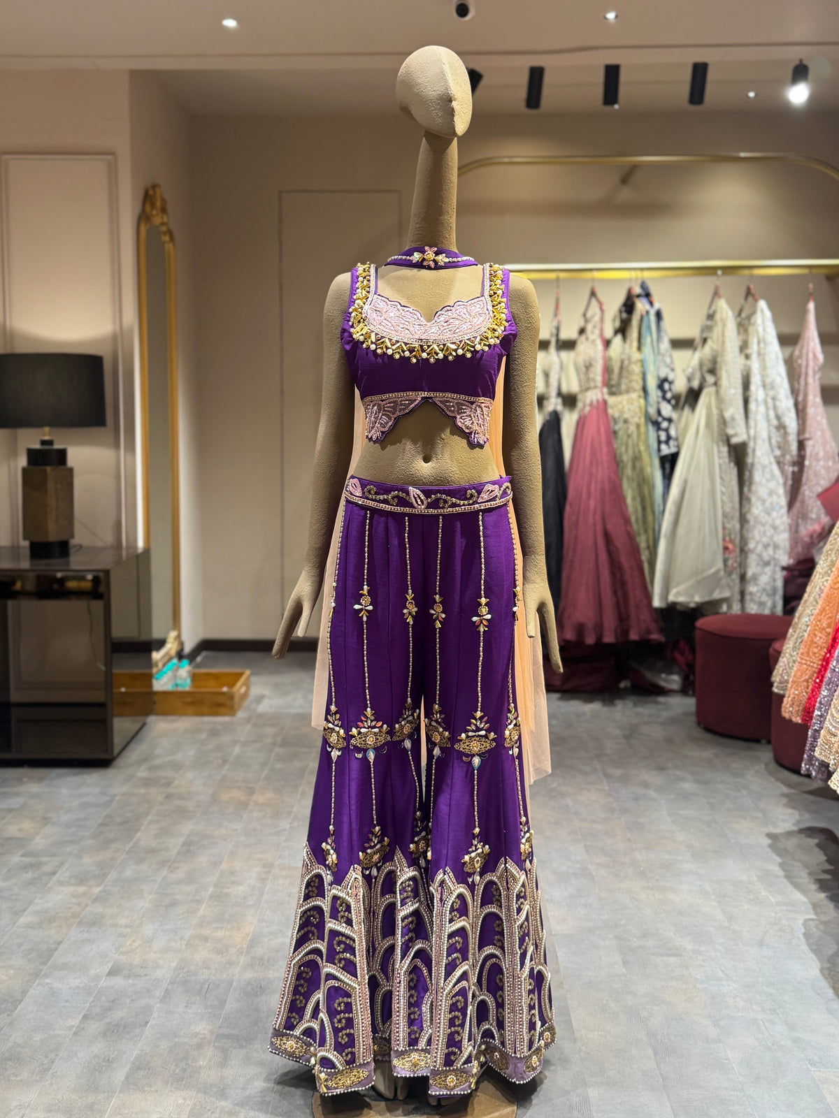 Royal Purple Embellished Crop Top Sharara Set with Dupatta