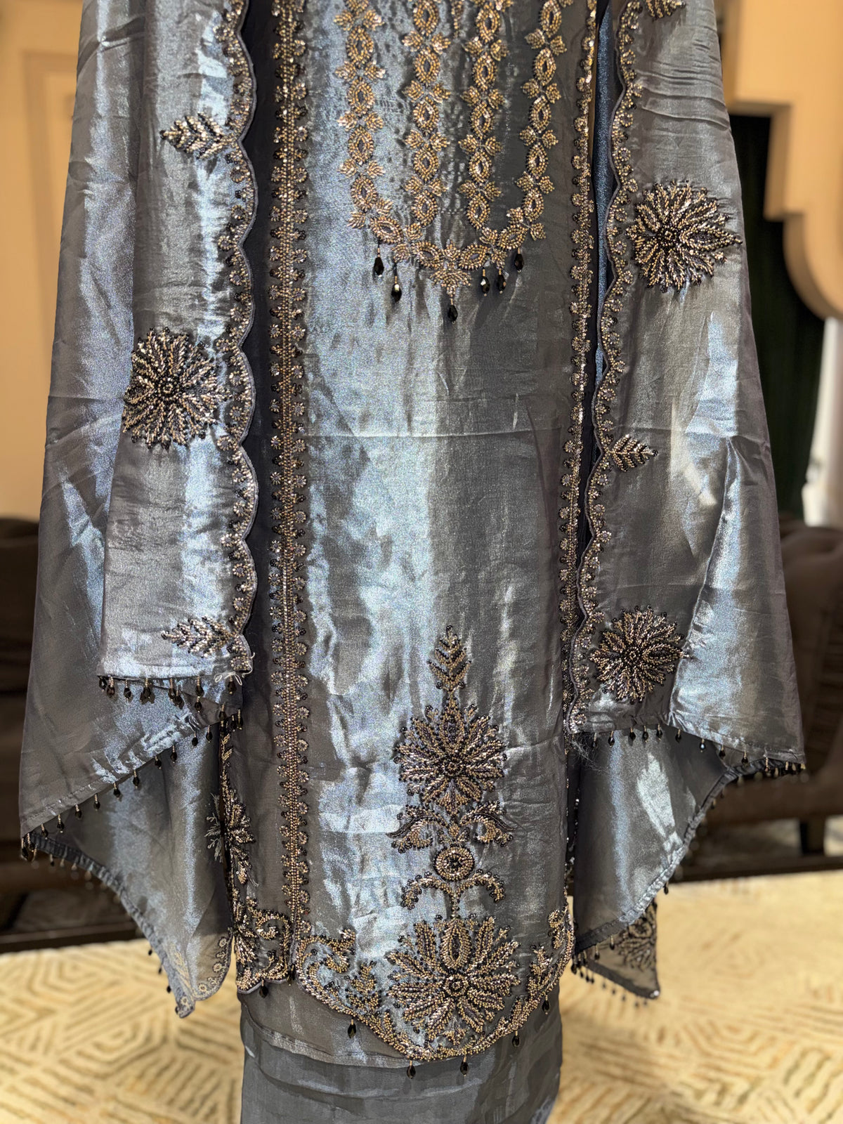 Slate Grey Unstitched Metallic Silk Suit Set with Cutdana Zardozi Yoke & Scalloped Dupatta