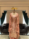 Rose Gold Unstitched Silk Suit Set with Detailed Neck Yoke and Zardozi Hem