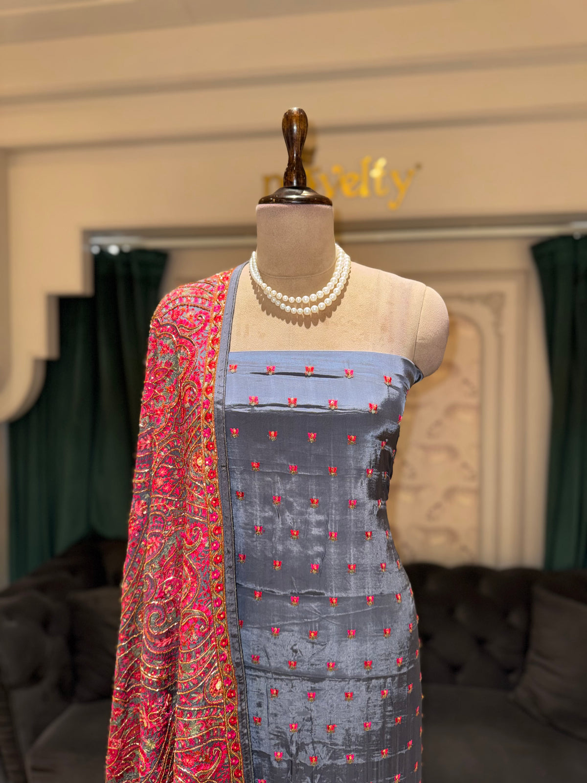 Grey Embroidered Unstitched Suit with Pink Heavy Embroidered Dupatta