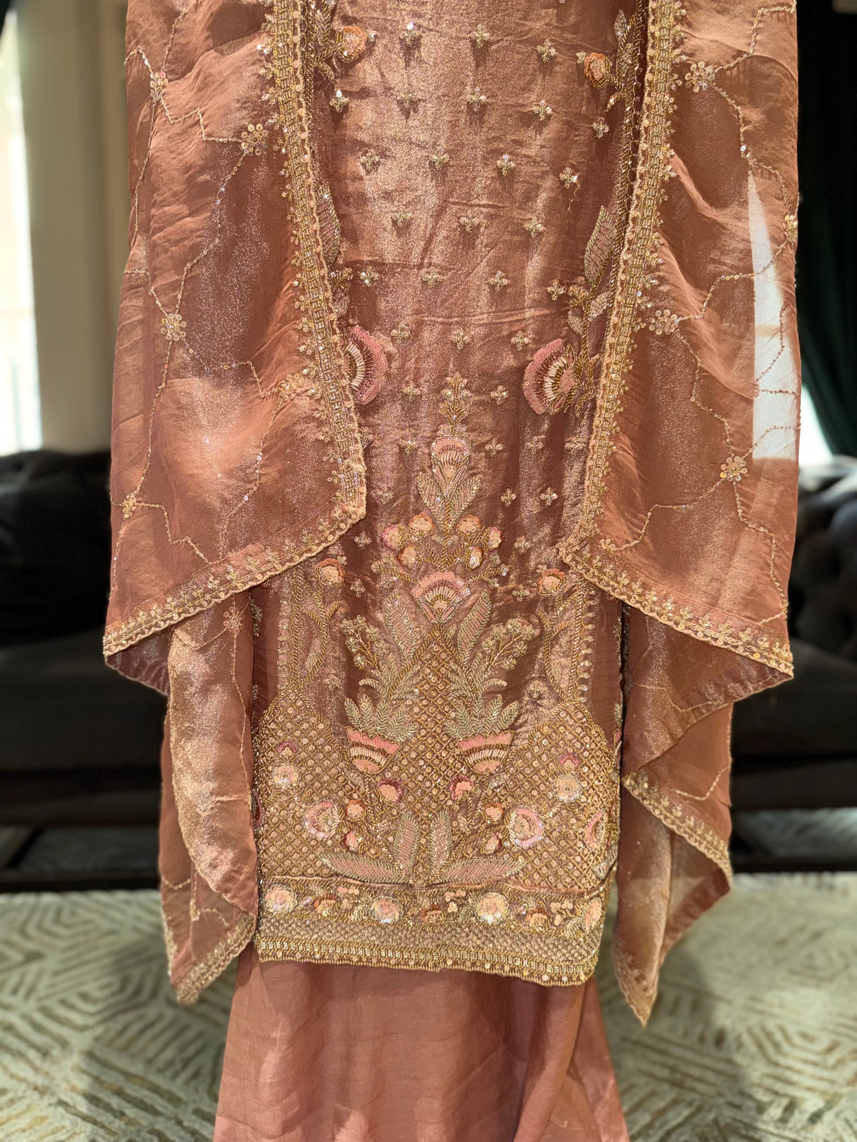 Rose Gold Unstitched Silk Suit Set with Detailed Neck Yoke and Zardozi Hem