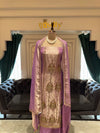 Lavender Unstitched Silk Suit Set with Metallic Gold Zari Weaving and Zardozi Motifs