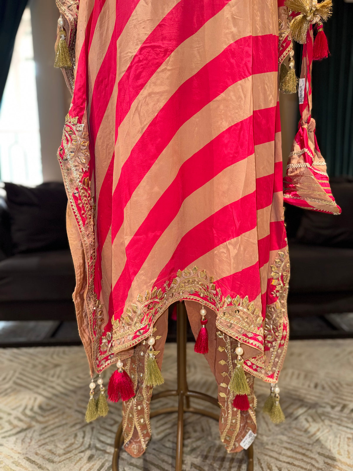 Hot Pink & Beige Striped Embroidered Kaftan