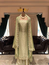 Sage Green Unstitched Silk Suit Set with Leaf Cutwork Border and Embroidered Dupatta