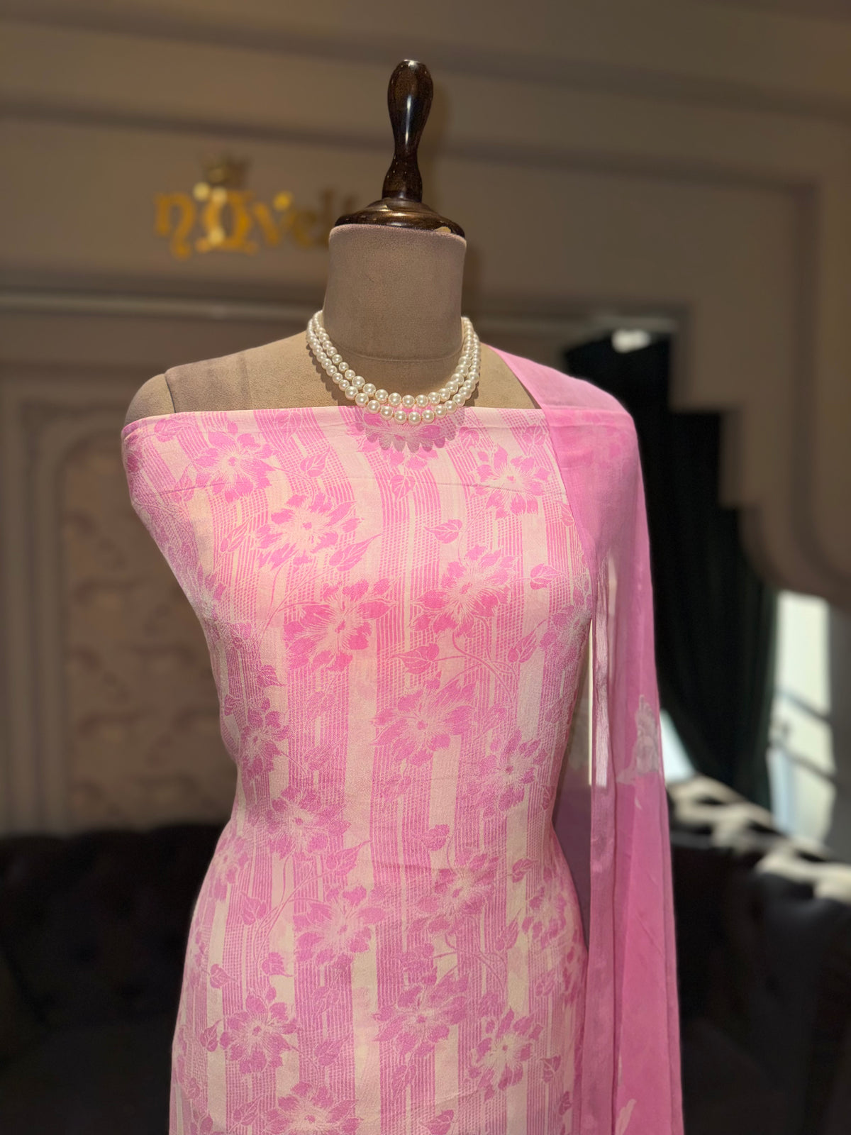 Baby Pink Floral Crepe Unstitched Suit