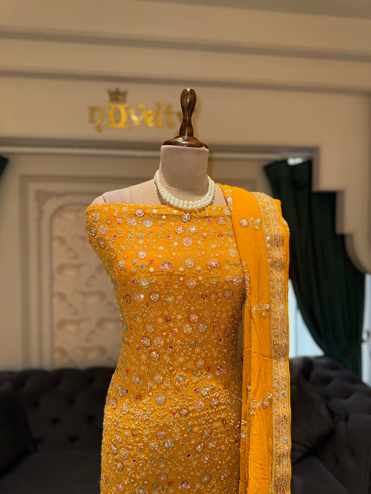 Mustard Yellow Unstitched Georgette Suit Set with All-Over Mirror & Sequin Embroidery