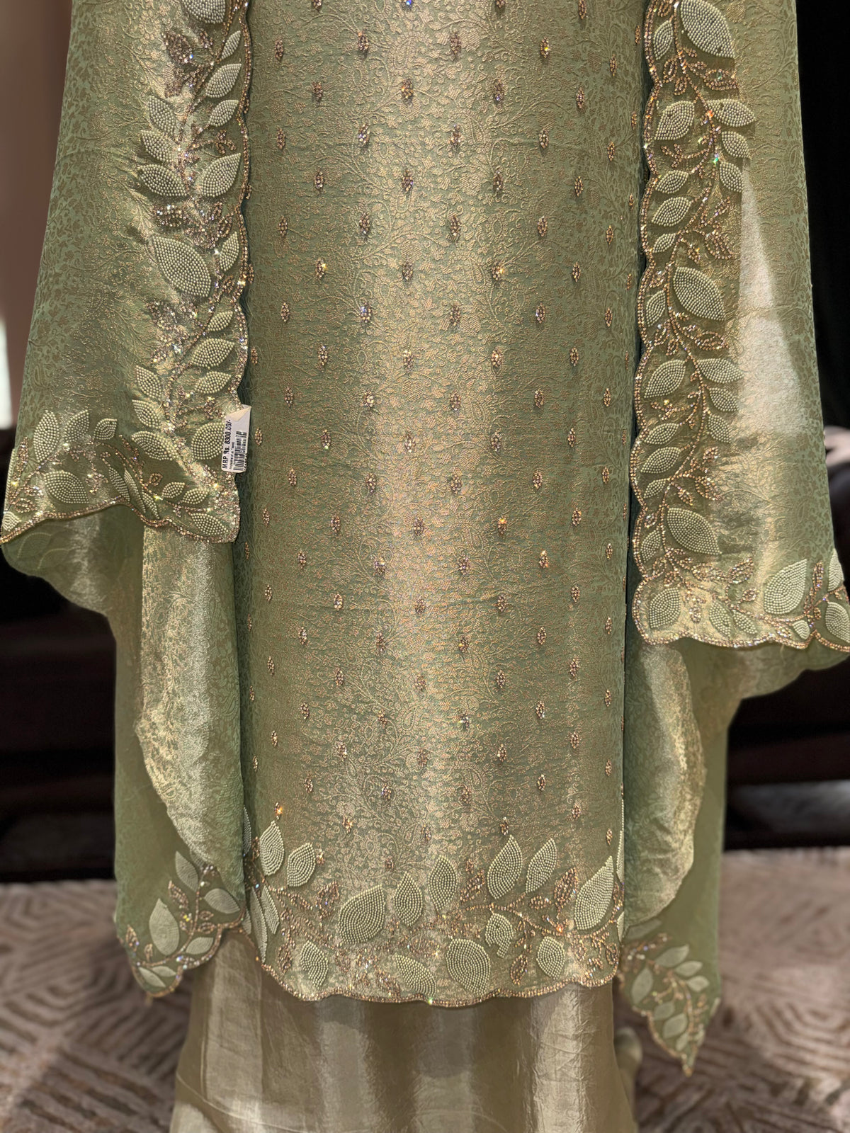Sage Green Unstitched Silk Suit Set with Leaf Cutwork Border and Embroidered Dupatta