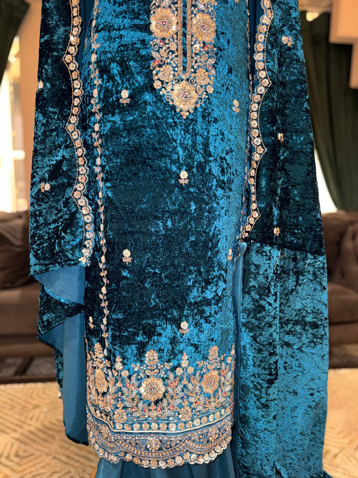 Royal Teal Blue Velvet Embroidered Unstitched Suit with Designer Dupatta