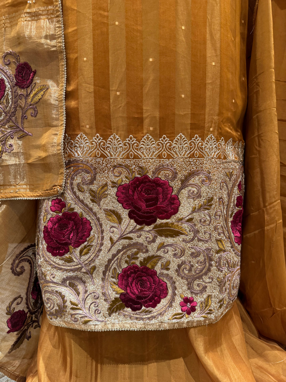 Mustard Gold Embroidered Unstitched Suit with Floral Dupatta