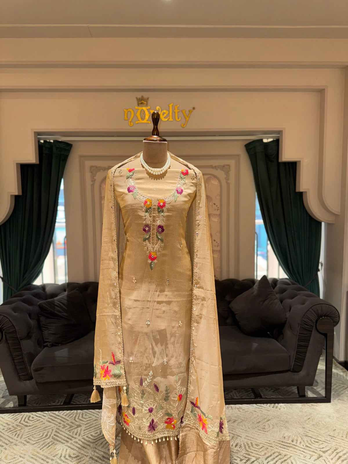 Beige Floral Embroidered Unstitched Suit