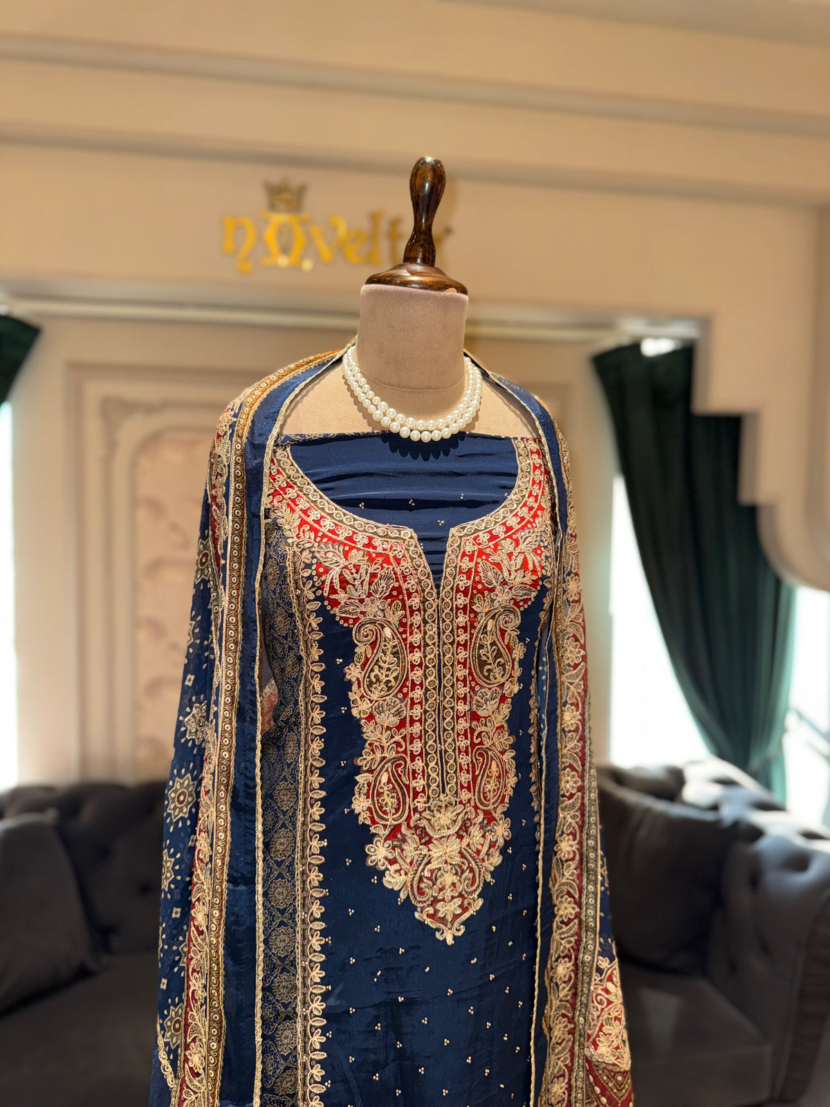 Navy Blue & Red Embroidered Crepe Unstitched Suit