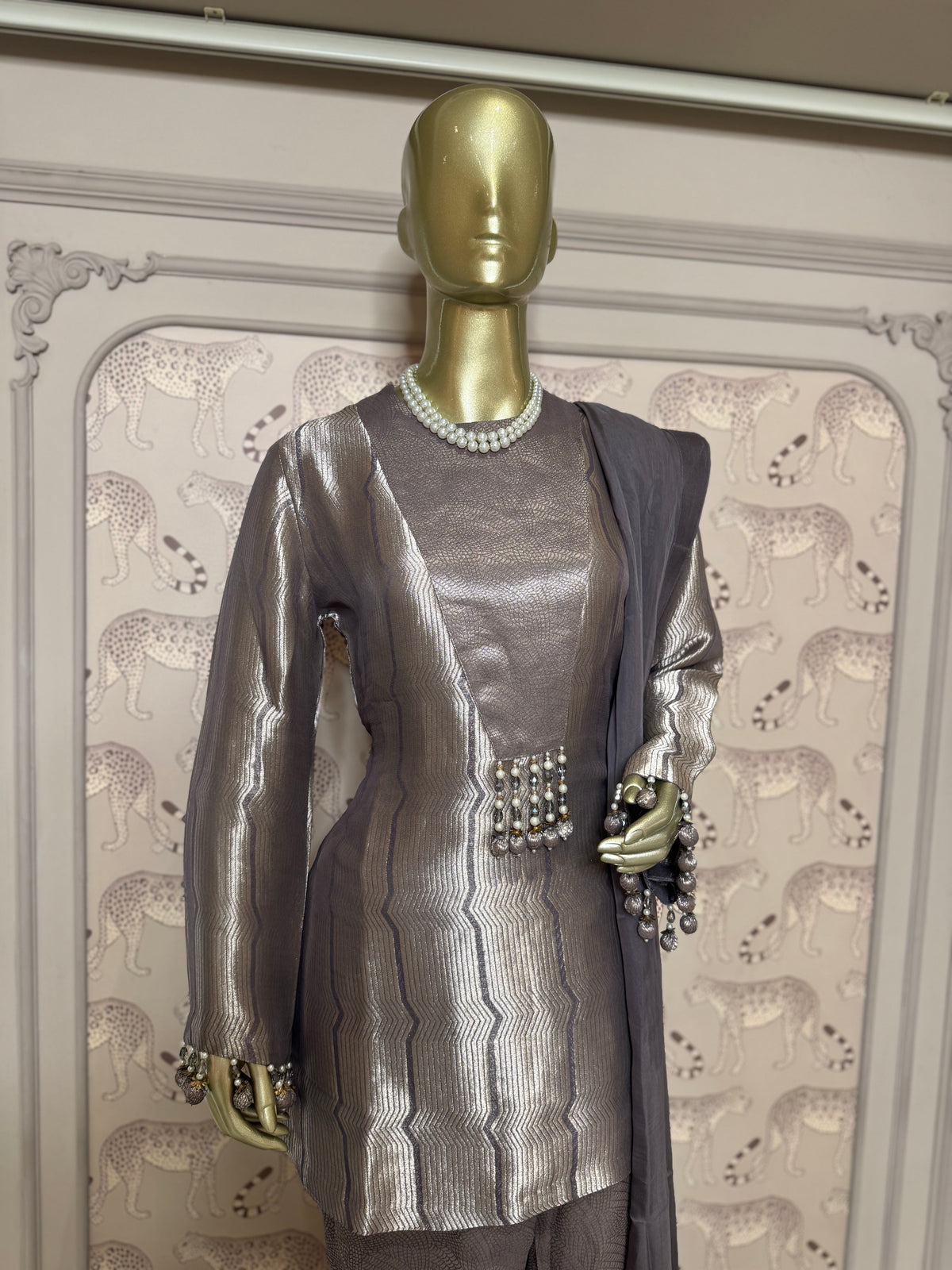 Elegant Metallic Grey Embellished Suit Set