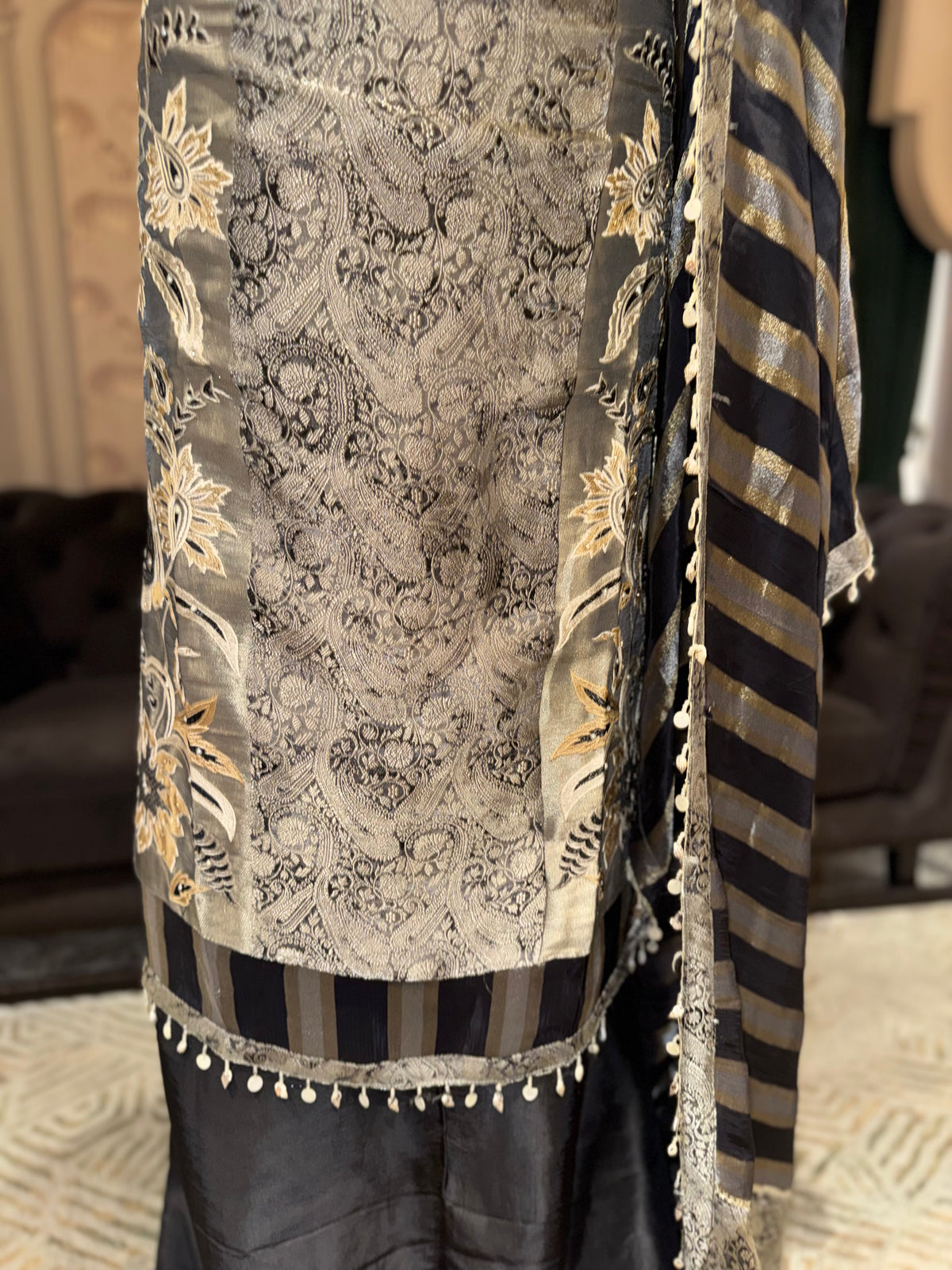 Grey & Black Embroidered Unstitched Suit