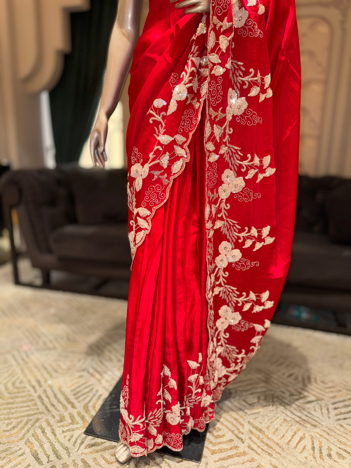Vibrant Red Pure Silk Saree with Ivory Floral Cutwork Border & Placement Embroidery