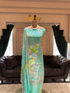 Aqua Sea-Green Pure Crepe Unstitched Suit Set with Floral Artistry