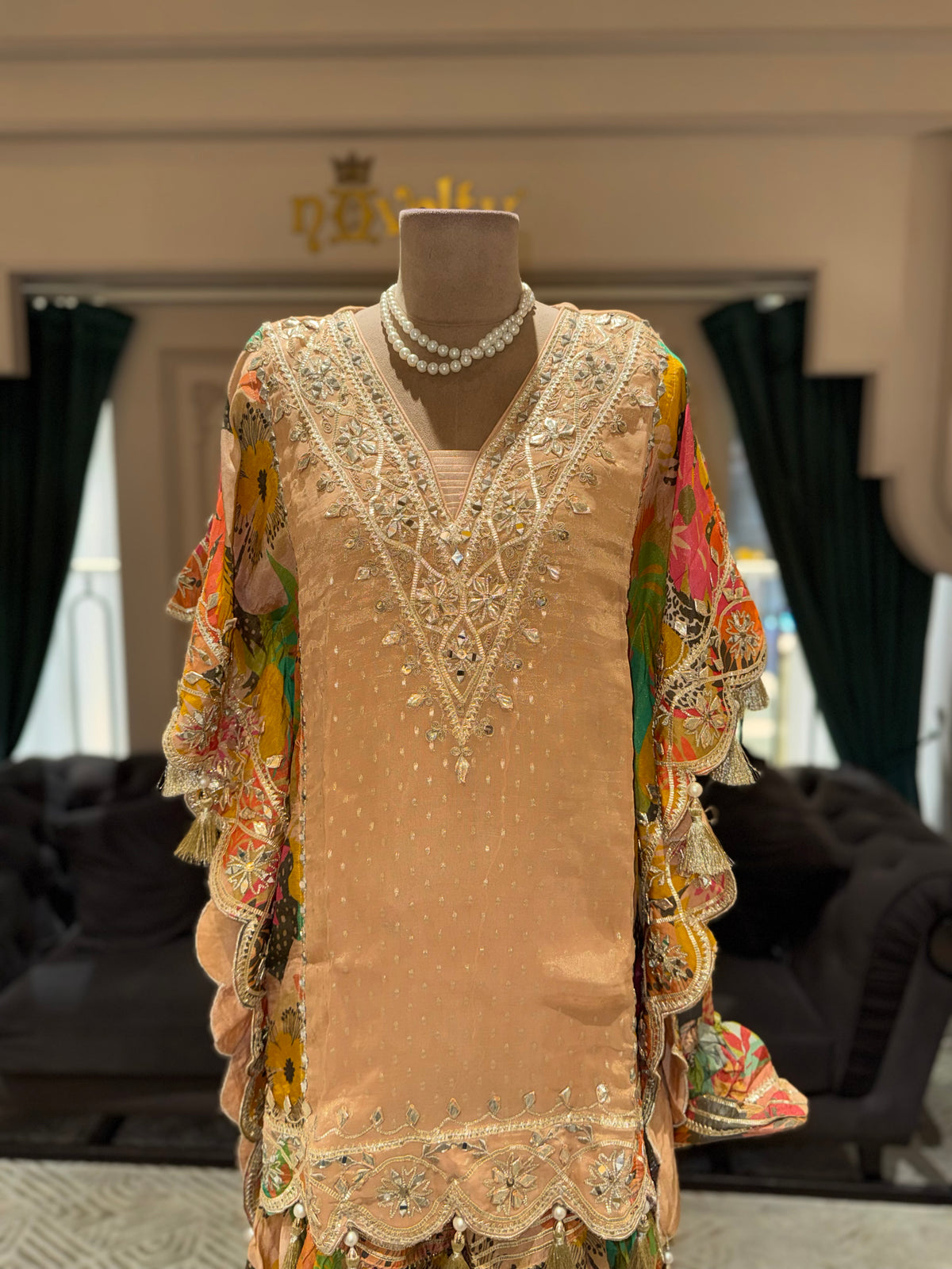 Peach Embroidered Kaftan with Multicolour Floral Sharara Set