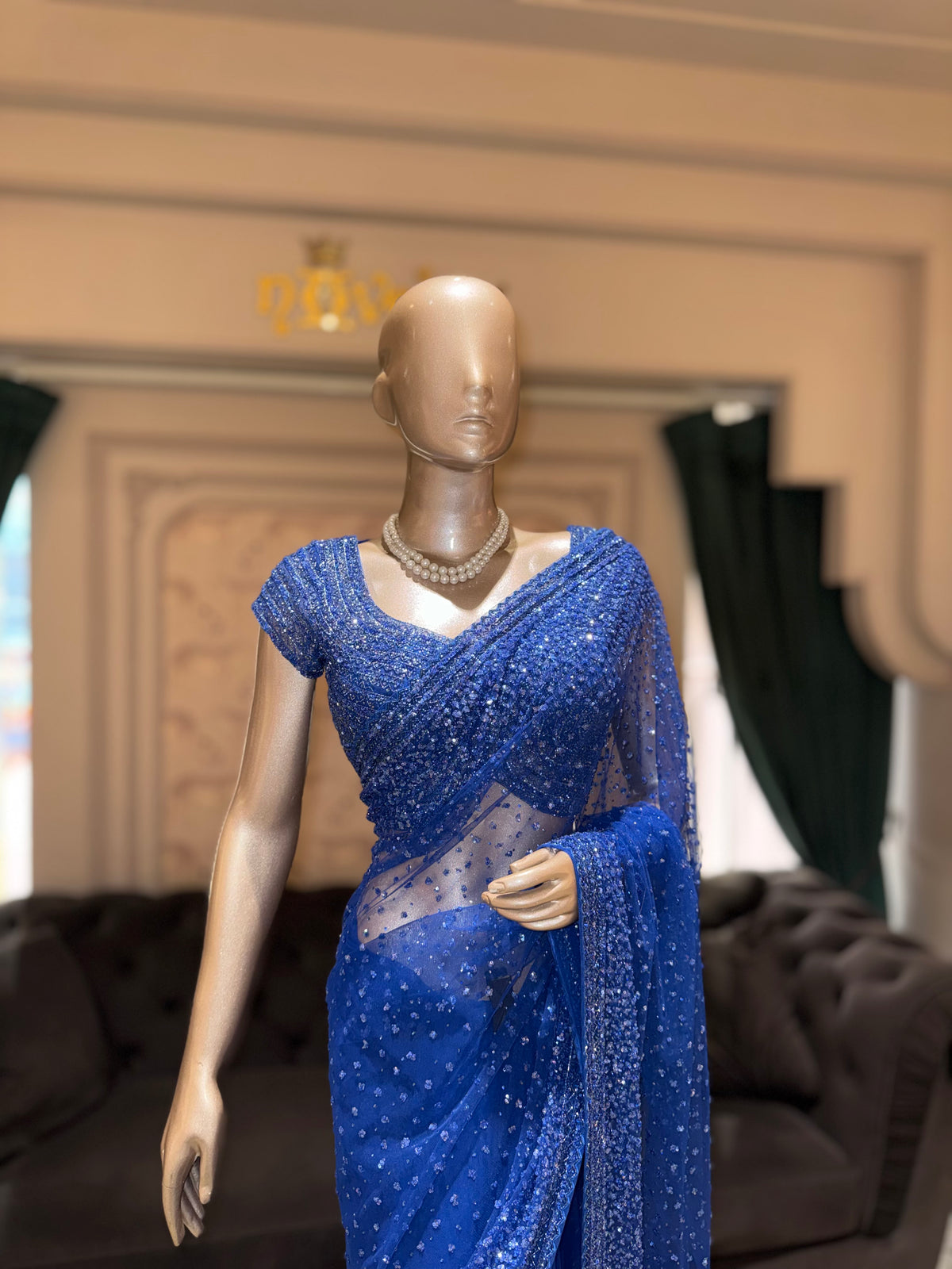 Royal Blue Embellished Net Saree with Heavy Sequin Embroidery & Matching Designer Blouse