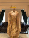 Metallic Gold Unstitched Silk Suit Set with Mirror-Work Zardozi Yoke & Scalloped Dupatta