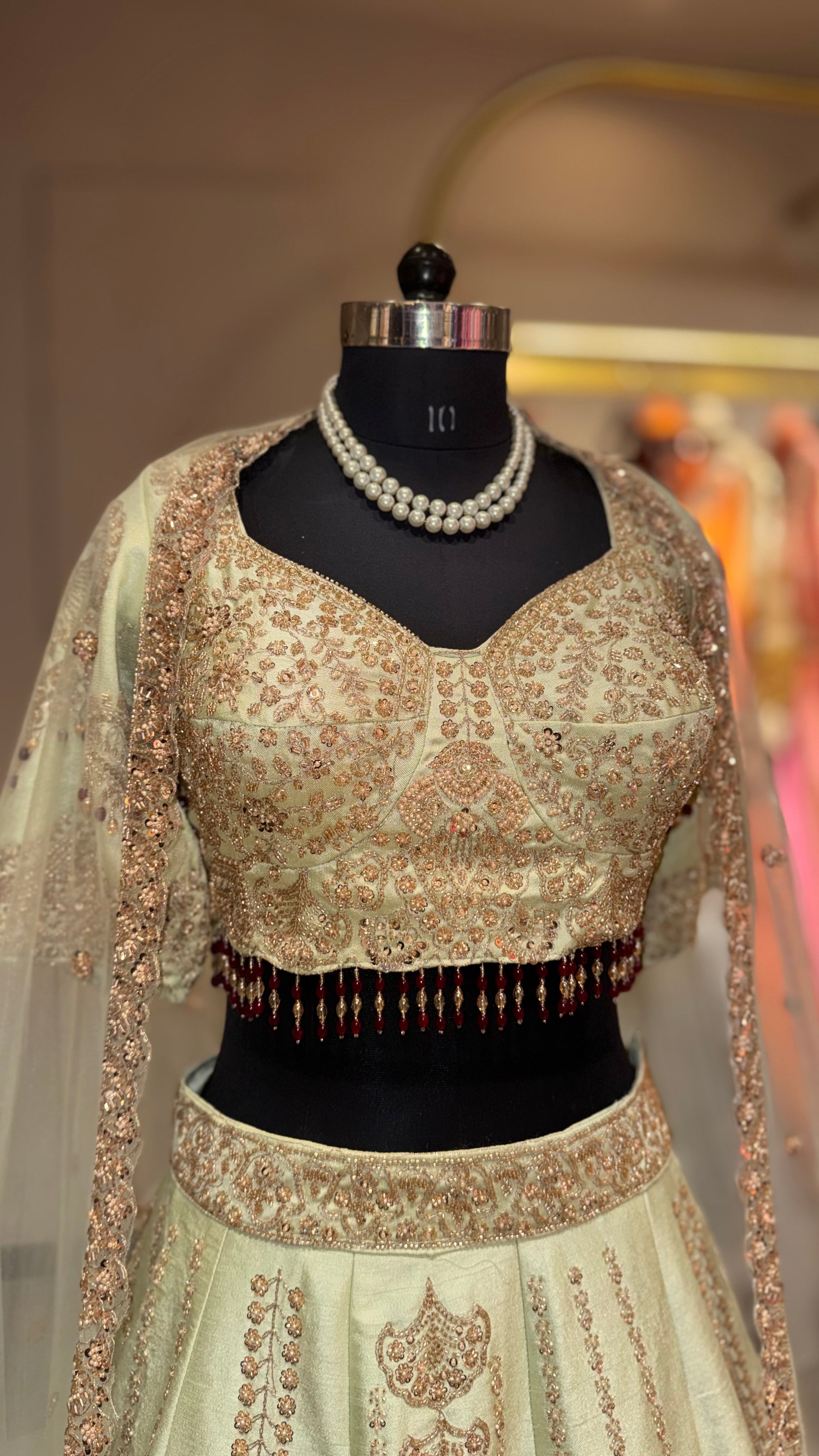 Luxury Mint Green Designer Embroidered Lehenga Set with Elegant Net Dupatta