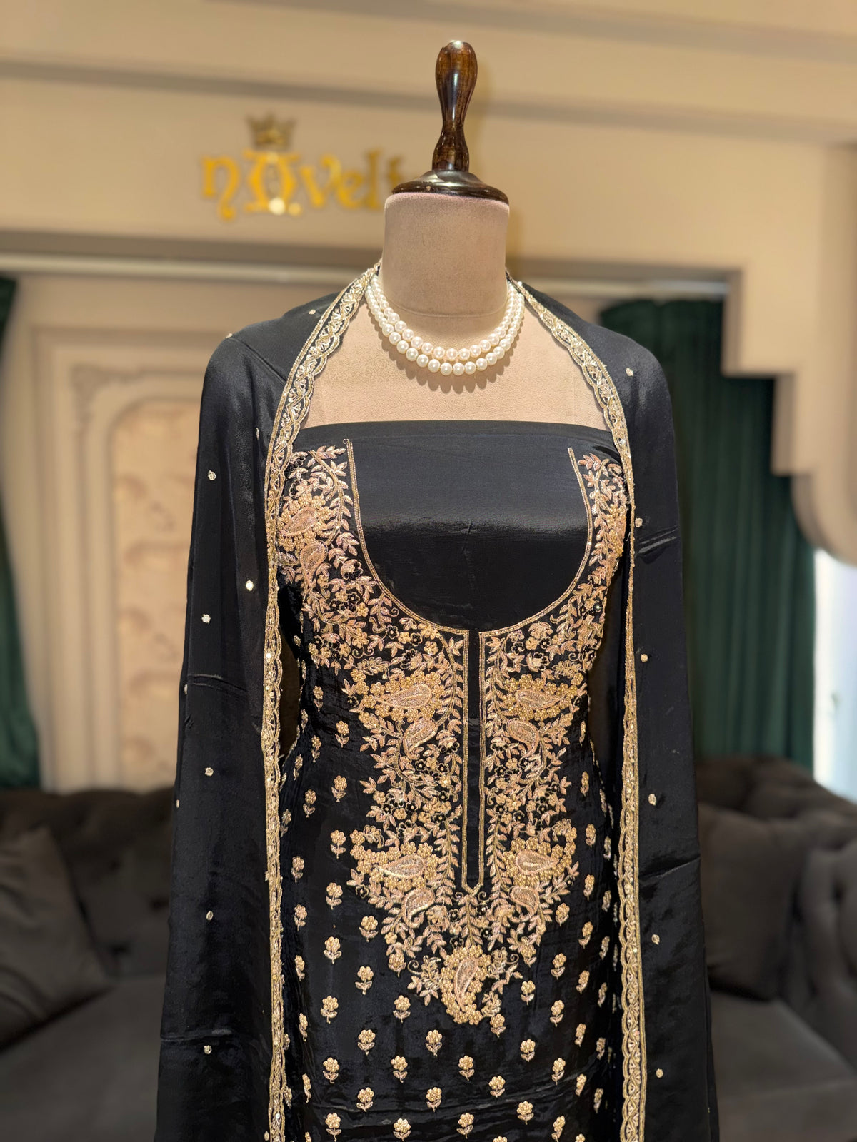 Black & Gold Embroidered Unstitched Suit Set