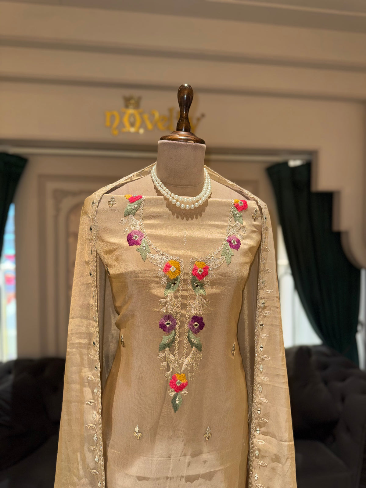 Beige Floral Embroidered Unstitched Suit
