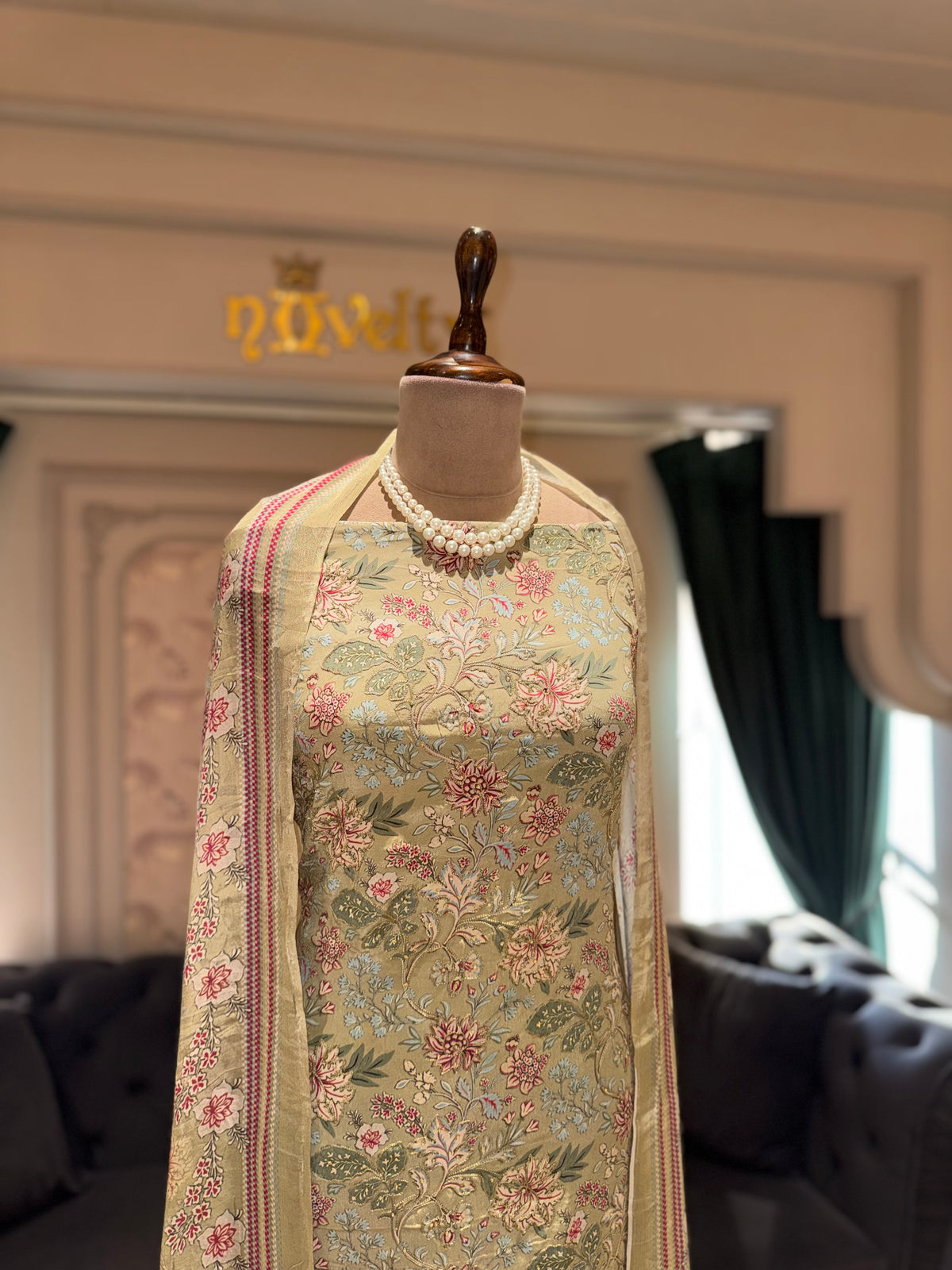 Pastel Yellow Floral Crepe Unstitched Suit