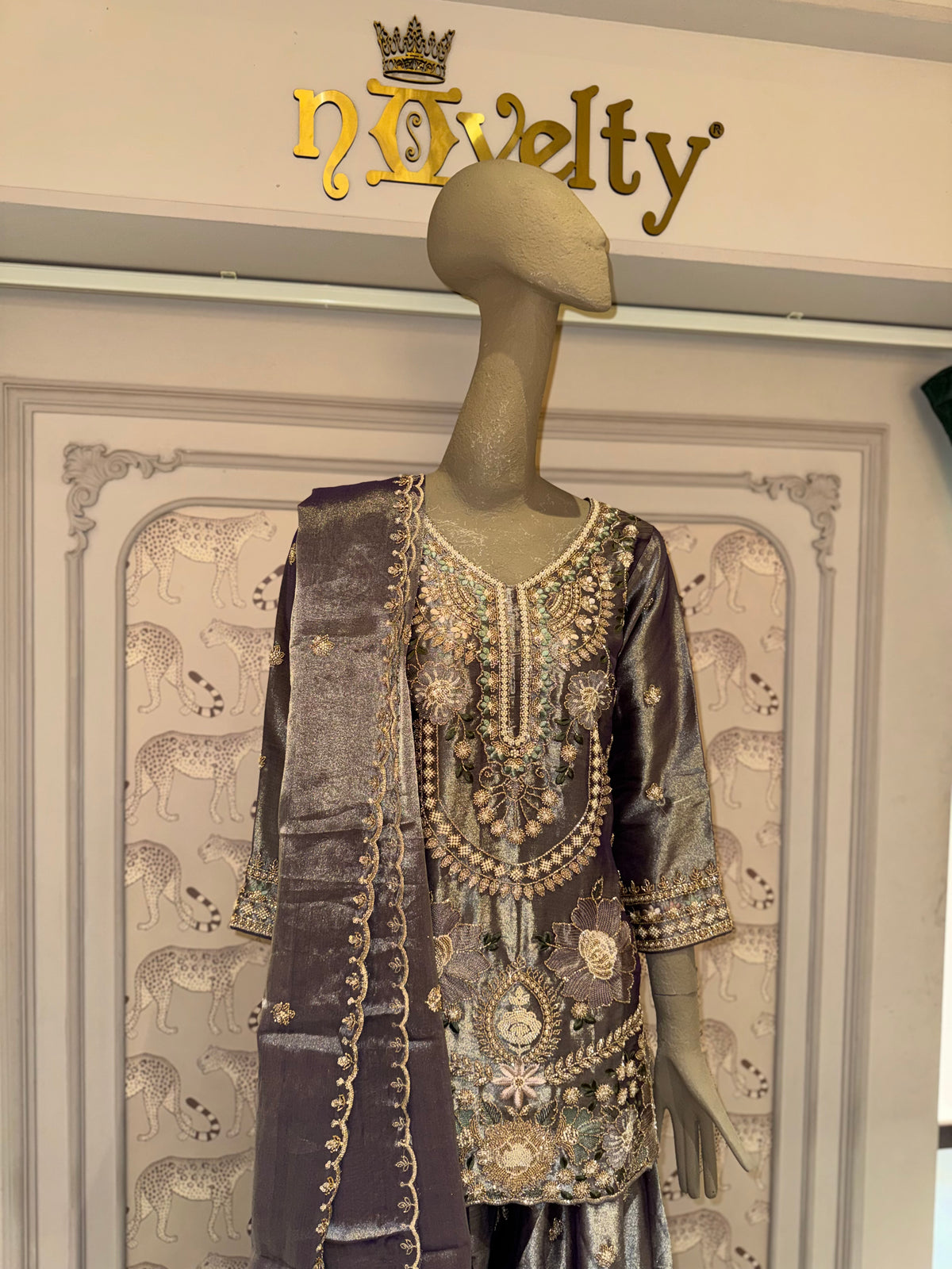 Smoky Grey Embroidered Sharara Suit Set with Dupatta