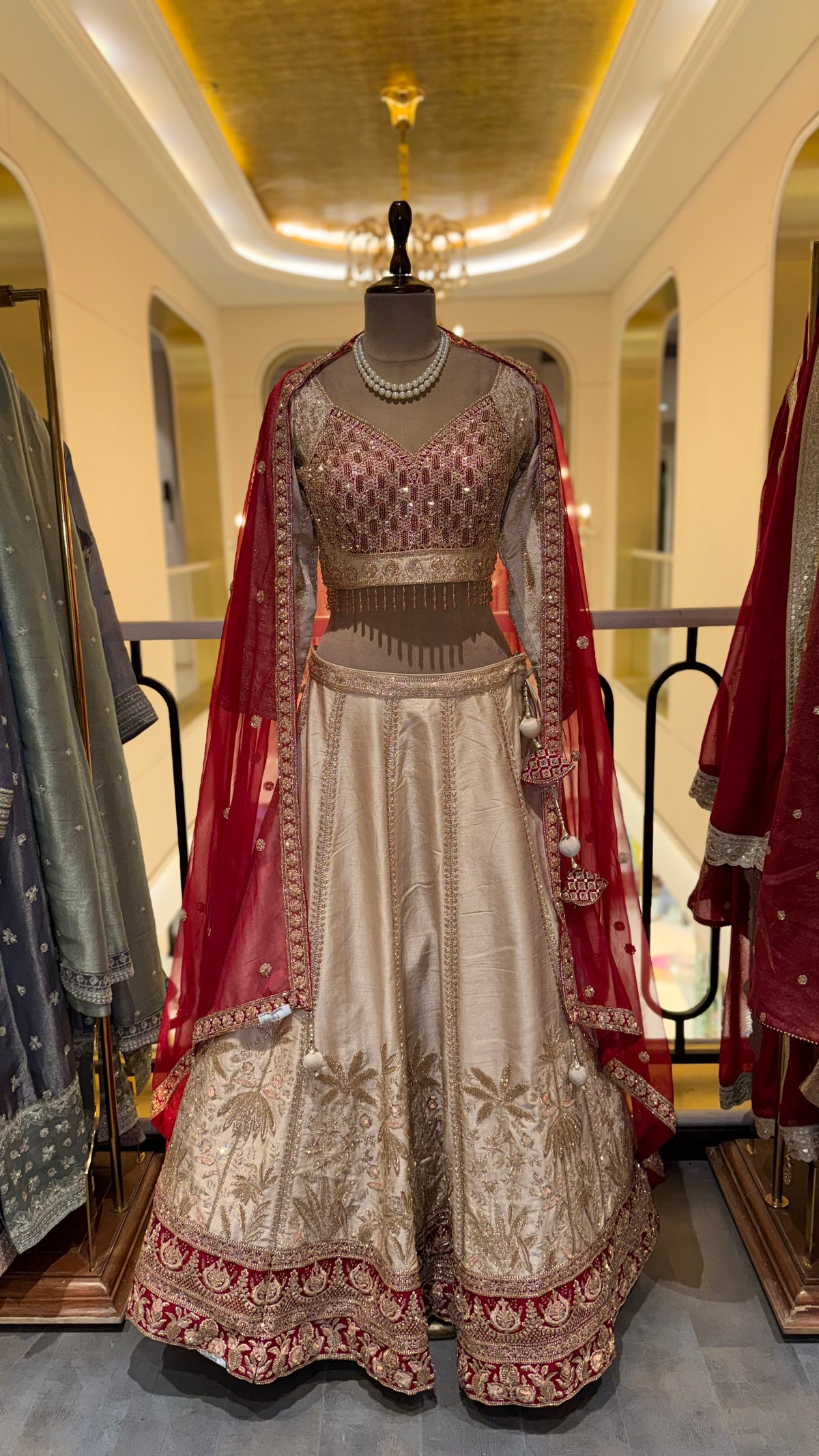 Ivory & Ruby Embroidered Festive Lehenga Set