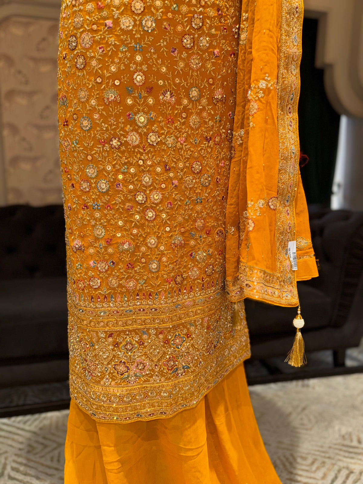Mustard Yellow Unstitched Georgette Suit Set with All-Over Mirror & Sequin Embroidery