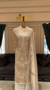 Champagne Gold Unstitched Tissue Silk Suit Set with Ornate Gold Zardozi Jaal & Scalloped Dupatta