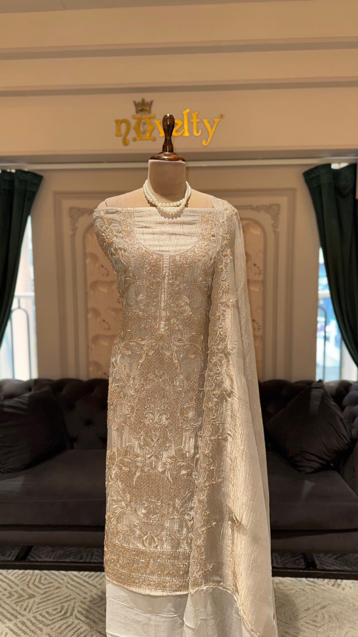 Champagne Gold Unstitched Tissue Silk Suit Set with Ornate Gold Zardozi Jaal & Scalloped Dupatta