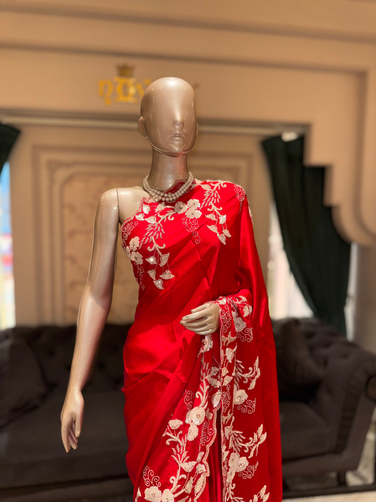 Vibrant Red Pure Silk Saree with Ivory Floral Cutwork Border & Placement Embroidery