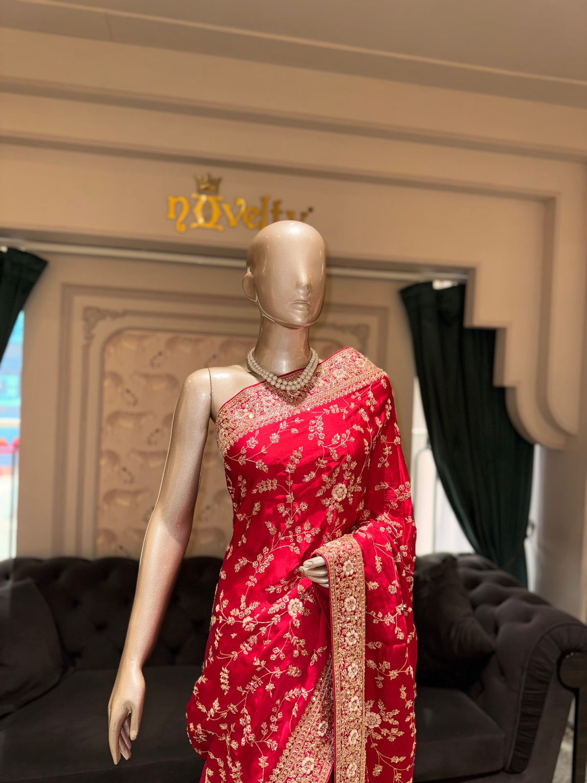 Crimson Red Pure Silk Saree with All-Over Gold Floral Zardozi Jaal & Scalloped Border