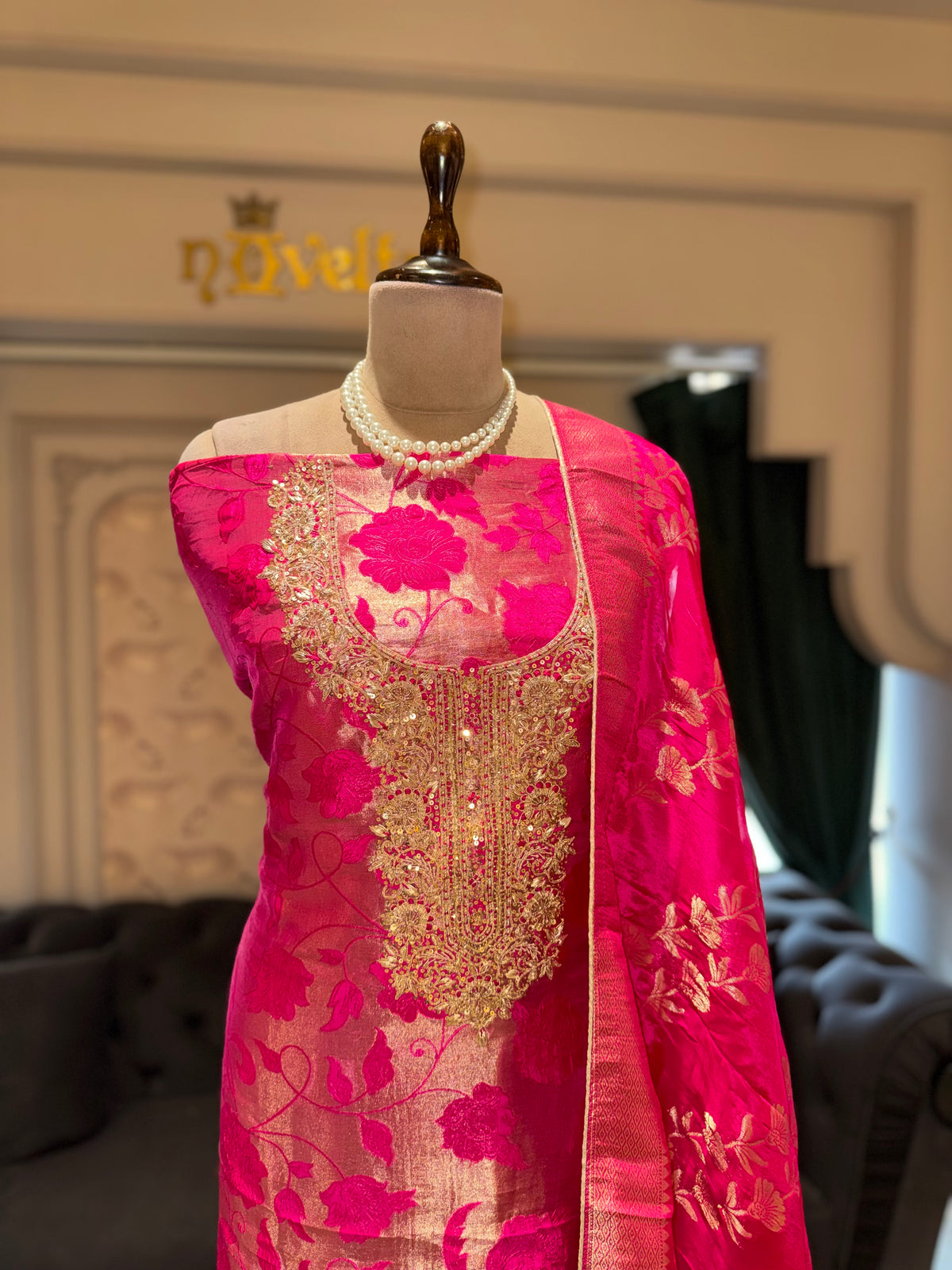 Magenta Rani Pink Unstitched Banarasi Silk Suit Set with Gold Floral Jaal & Zardozi Neck Yoke