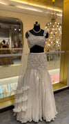 Luxury Pearl White Designer Embroidered Lehenga Set with One-Shoulder Blouse & Net Dupatta