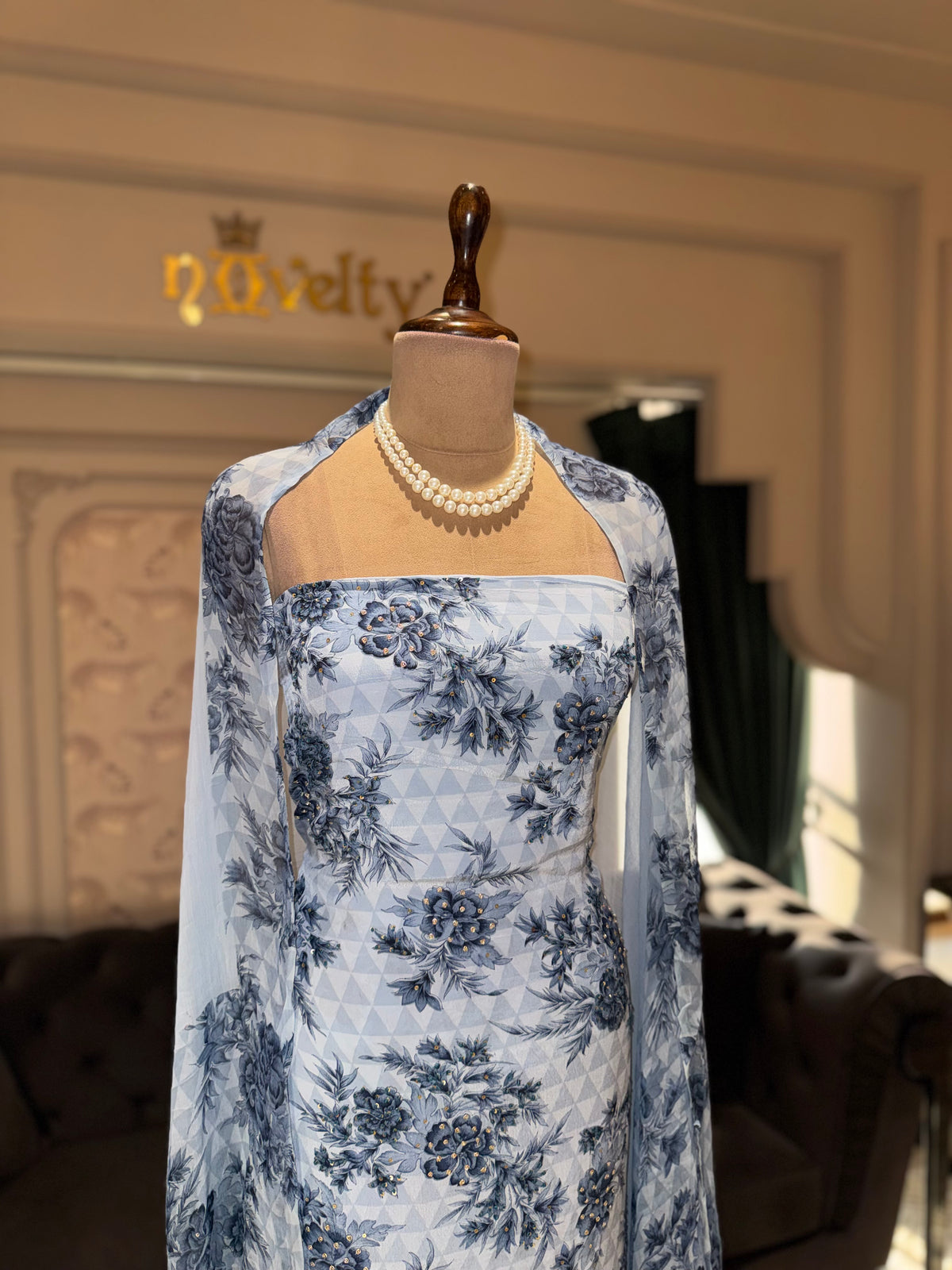 Blue Floral Crepe Unstitched Suit