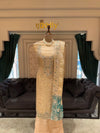 Ivory Cream Unstitched Silk Suit Set with Sea-Green Zardozi Neck Yoke & Embroidered Border Dupatta