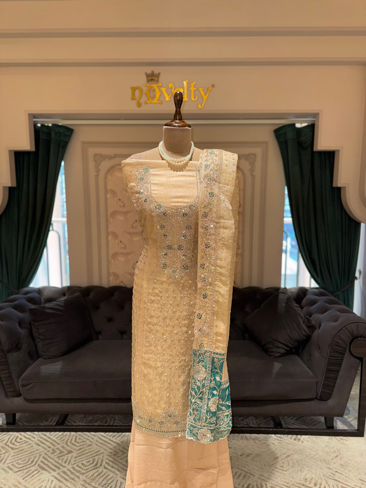 Ivory Cream Unstitched Silk Suit Set with Sea-Green Zardozi Neck Yoke & Embroidered Border Dupatta