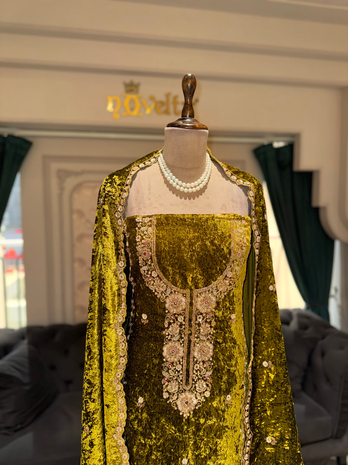 Luxury Olive Green Velvet Suit with Intricate Golden Embroidery & Dupatta