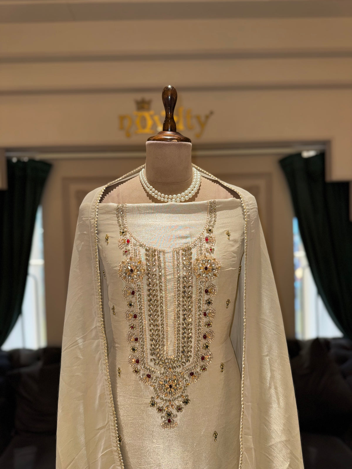 Ivory Gold Embroidered Unstitched Suit