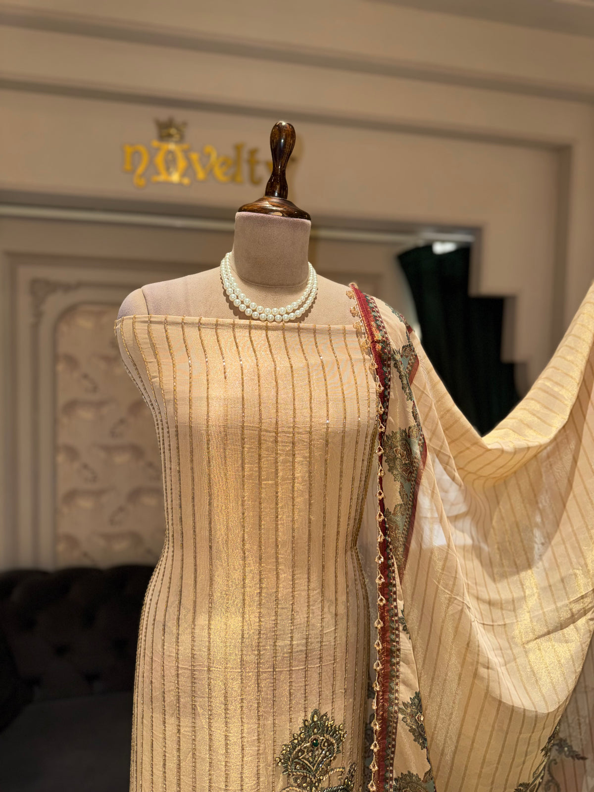 Beige Unstitched Silk Suit Set with Gold Zari Lines, Paisley Embroidery & Printed Dupatta