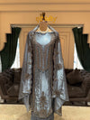 Slate Grey Unstitched Metallic Silk Suit Set with Cutdana Zardozi Yoke & Scalloped Dupatta