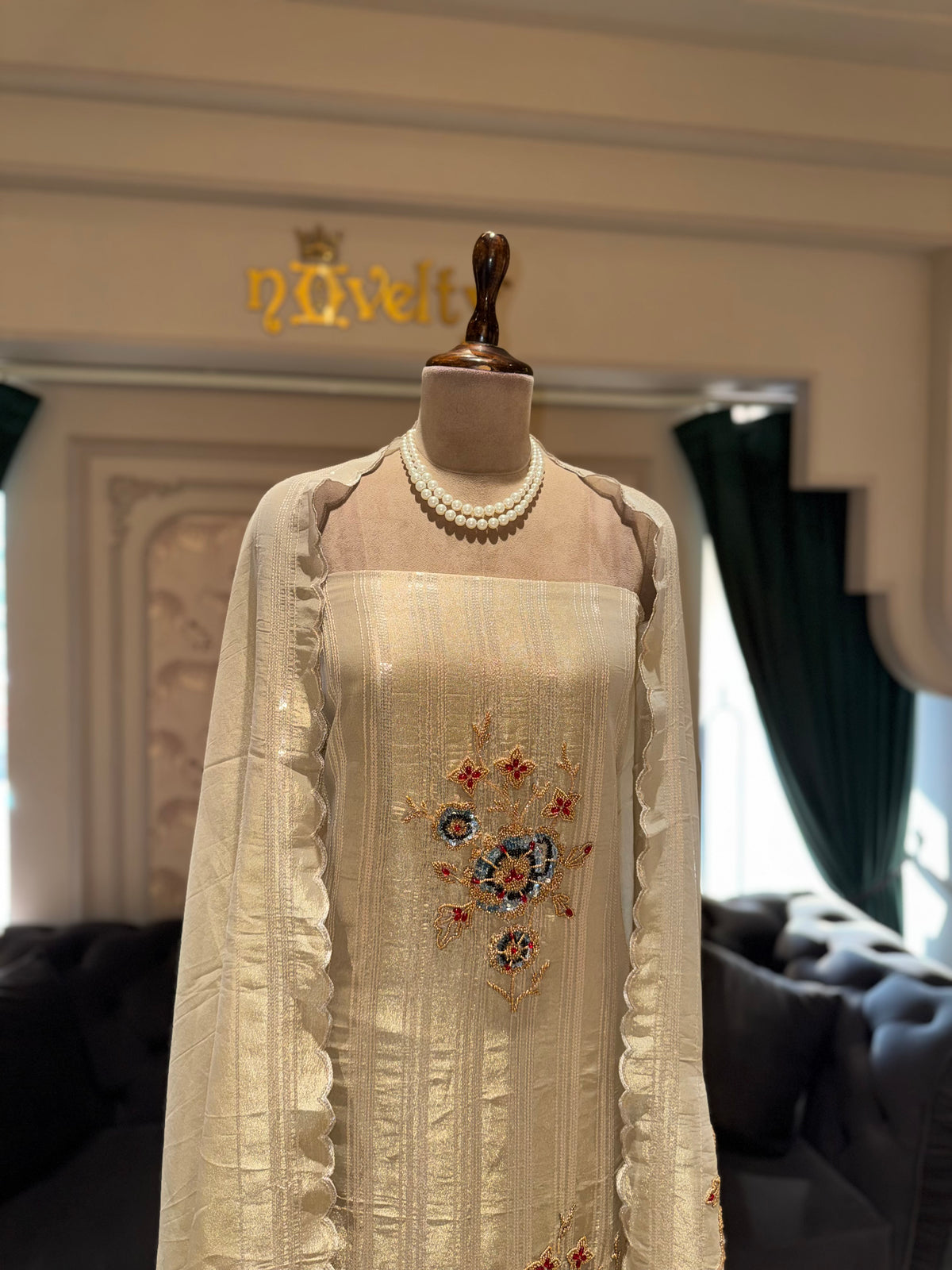 Ivory Unstitched Silk Suit Set with Gold Zari Lines and Floral Motifs