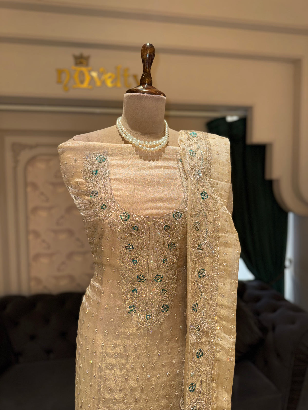 Ivory Cream Unstitched Silk Suit Set with Sea-Green Zardozi Neck Yoke & Embroidered Border Dupatta