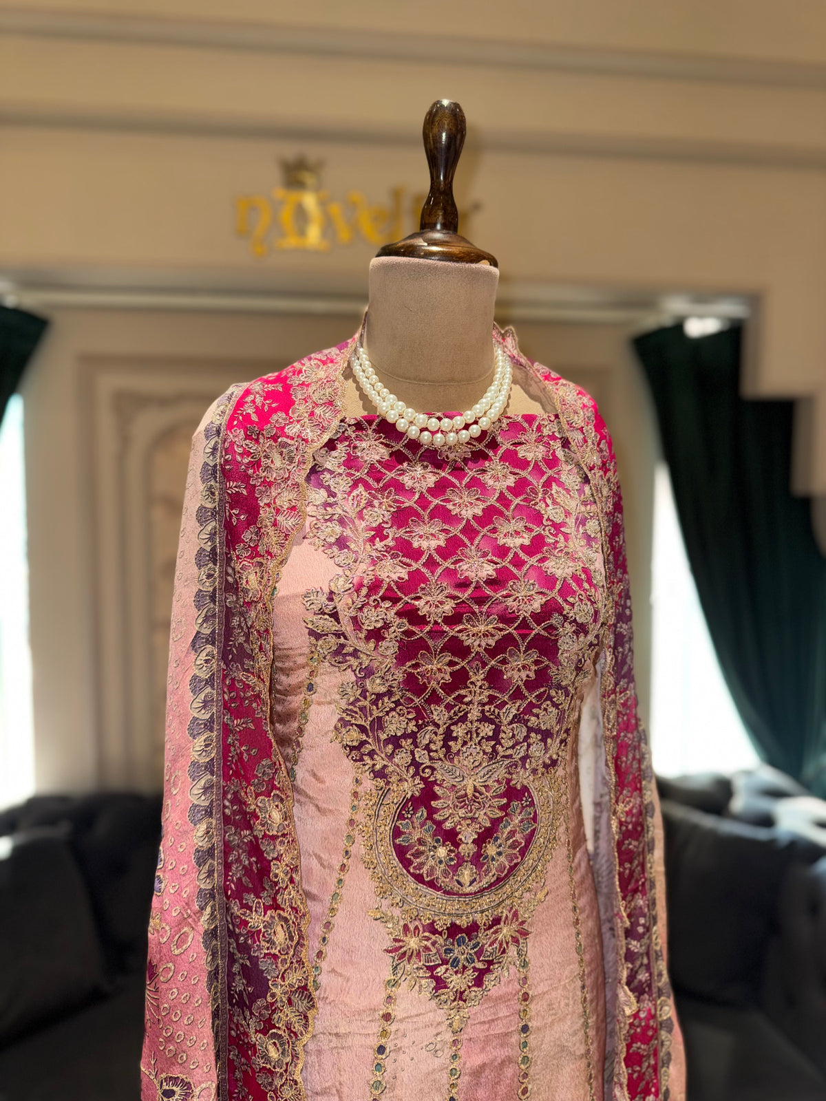 Premium Pink & Cream Embroidered Crepe Unstitched Suit with Designer Dupatta