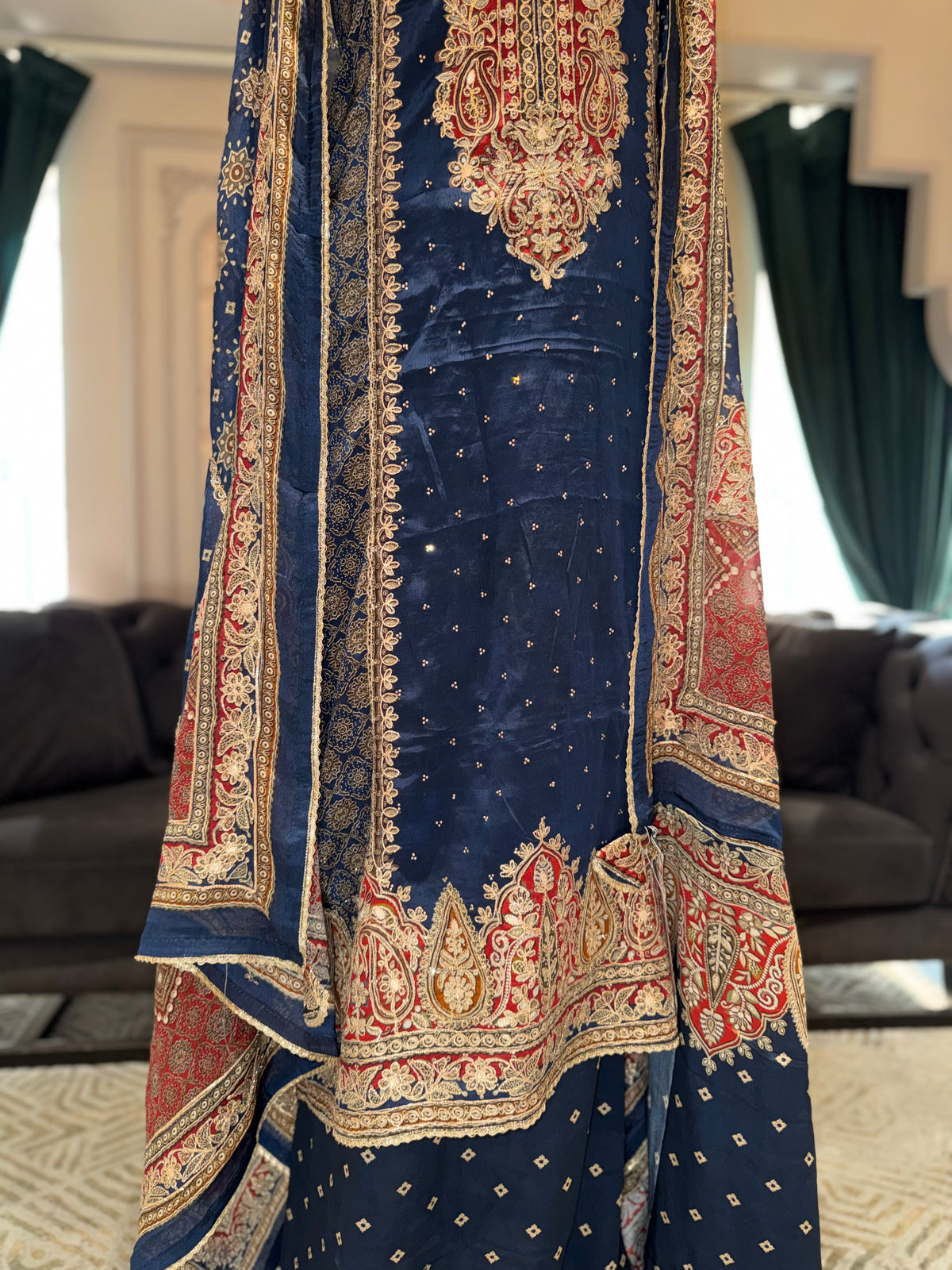 Navy Blue & Red Embroidered Crepe Unstitched Suit