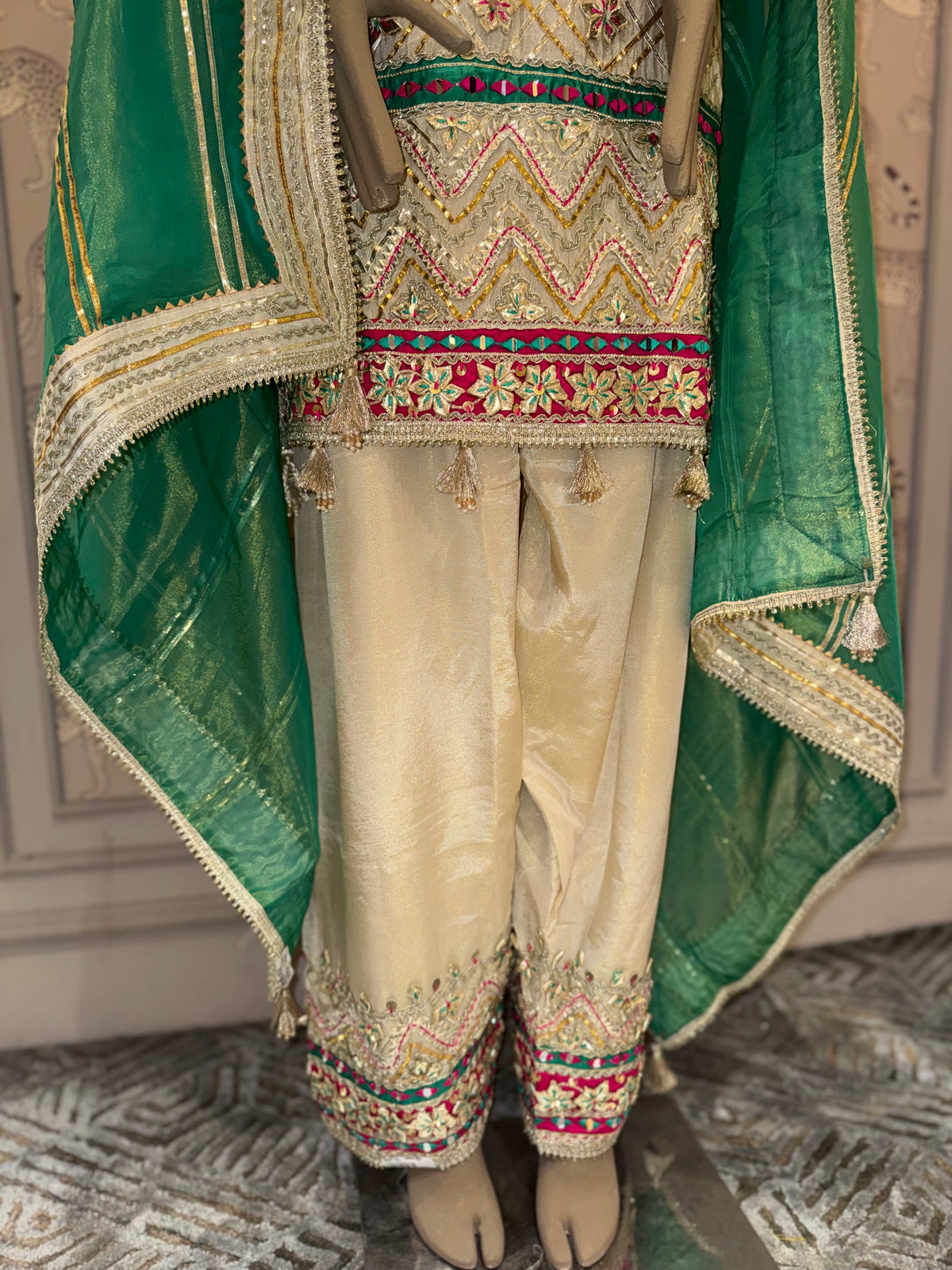 Ivory Gota Patti Embroidered Punjabi Suit with Green Dupatta